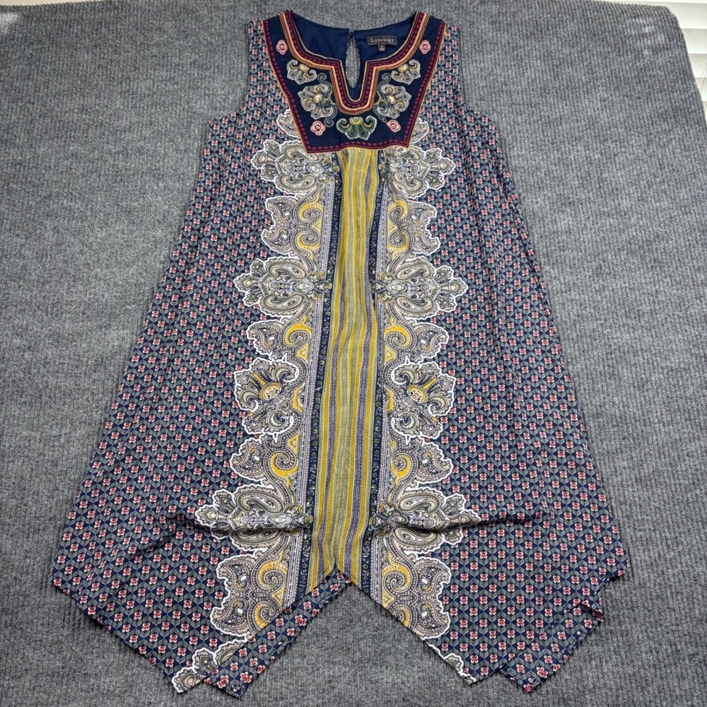 Luxology Dress Womens 12 Navy Blue Paisley Embroidered Sleeveless Sharkbite Hem